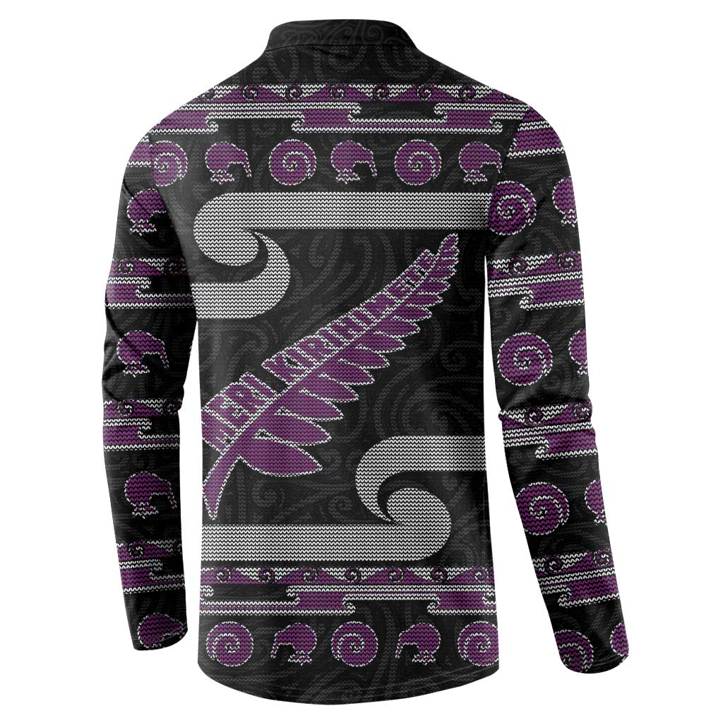 New Zealand Christmas Button Sweatshirt Meri Kirihimete Silver Fern Knit Style Purple Color - Polynesian Pride