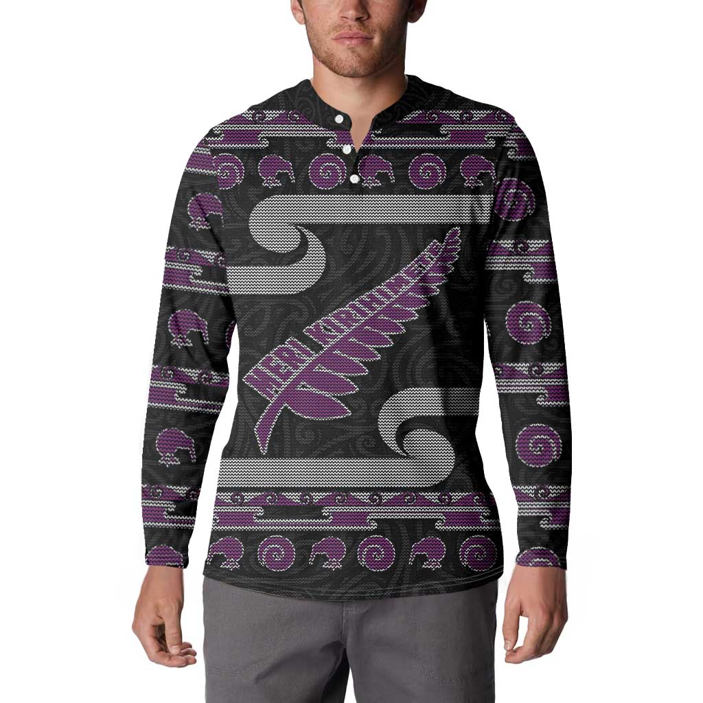 New Zealand Christmas Button Sweatshirt Meri Kirihimete Silver Fern Knit Style Purple Color - Polynesian Pride
