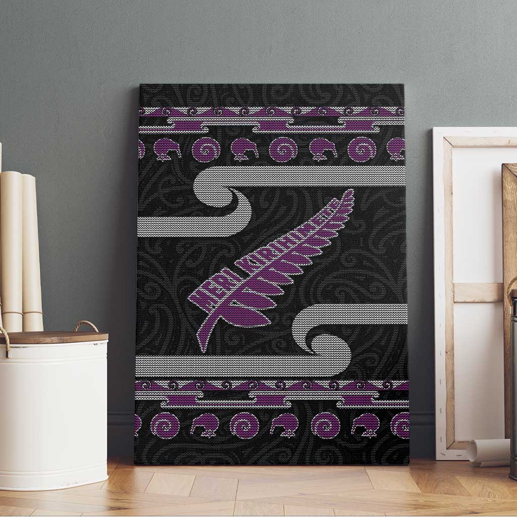 New Zealand Christmas Canvas Wall Art Meri Kirihimete Silver Fern Knit Style Purple Color LT03 - Polynesian Pride