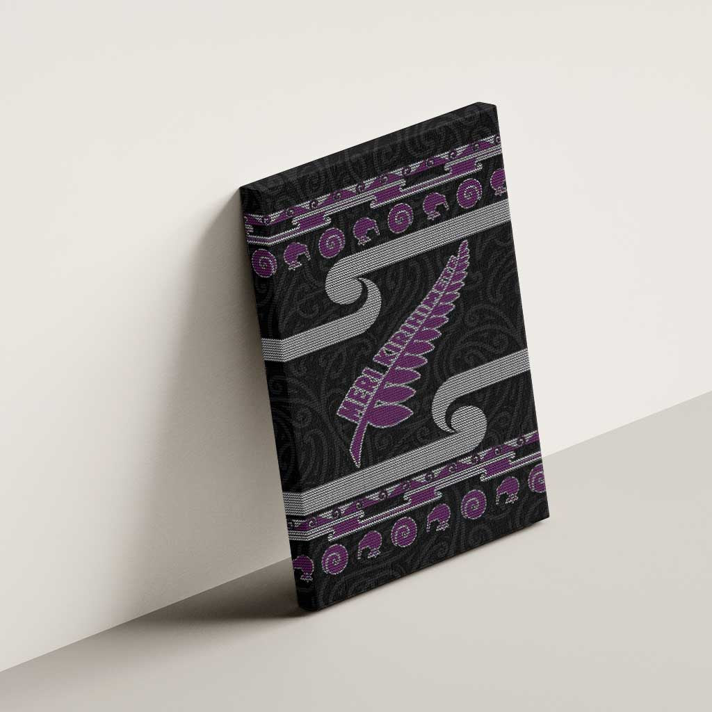 New Zealand Christmas Canvas Wall Art Meri Kirihimete Silver Fern Knit Style Purple Color LT03 - Polynesian Pride