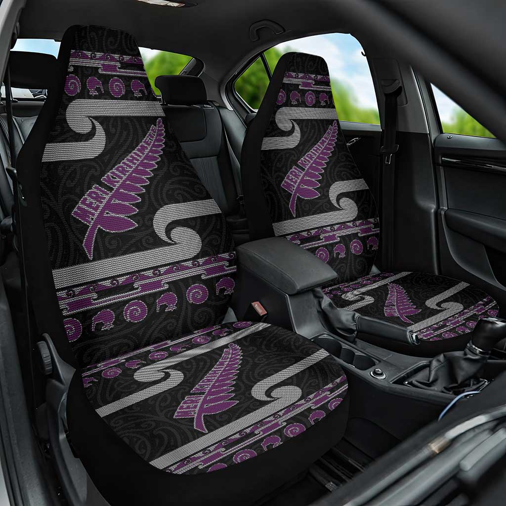 New Zealand Christmas Car Seat Cover Meri Kirihimete Silver Fern Knit Style Purple Color LT03 One Size Purple - Polynesian Pride