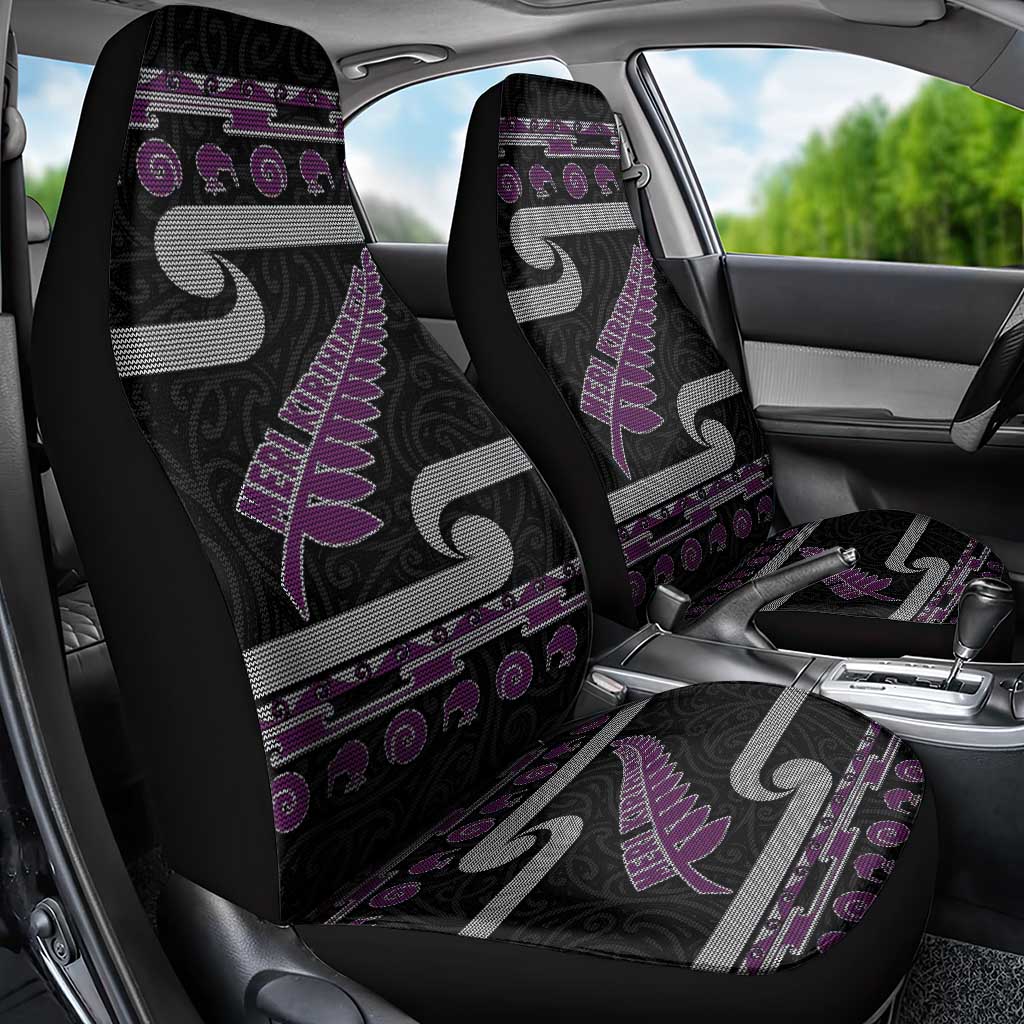 New Zealand Christmas Car Seat Cover Meri Kirihimete Silver Fern Knit Style Purple Color LT03 - Polynesian Pride