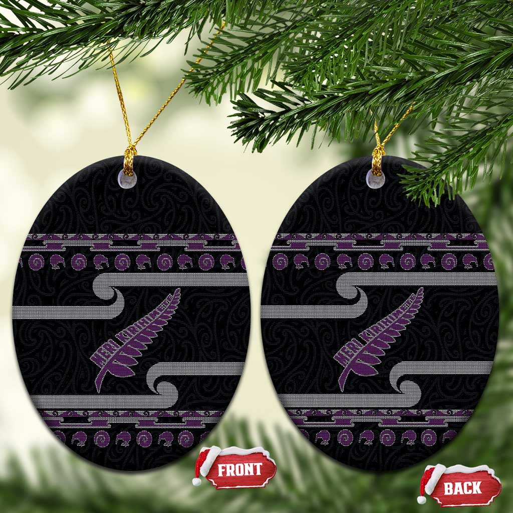 New Zealand Christmas Ceramic Ornament Meri Kirihimete Silver Fern Knit Style Purple Color LT03 Oval Purple - Polynesian Pride