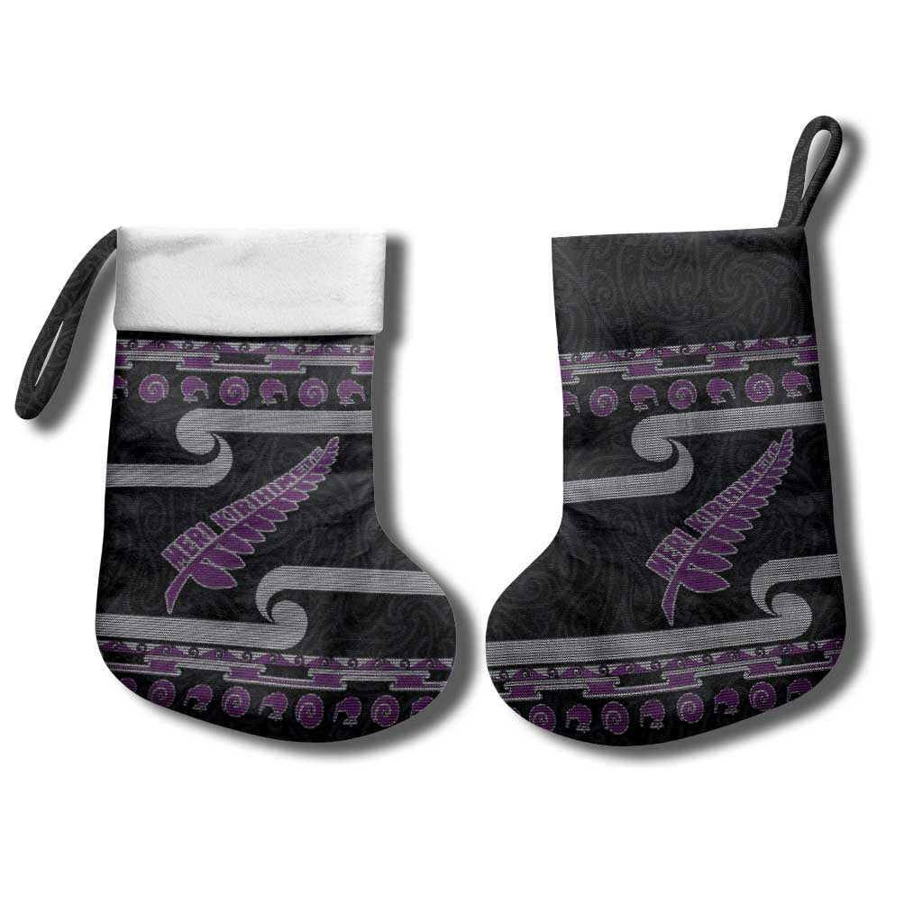 New Zealand Christmas Stocking Meri Kirihimete Silver Fern Knit Style Purple Color LT03 - Polynesian Pride