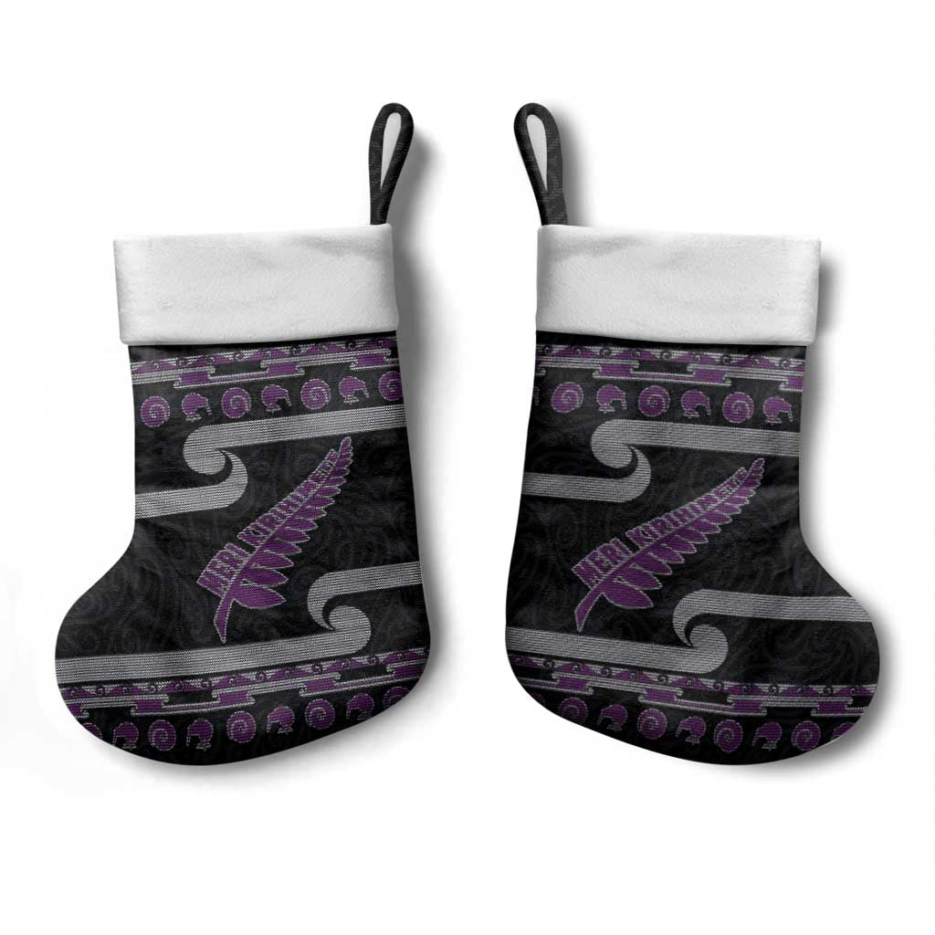 New Zealand Christmas Stocking Meri Kirihimete Silver Fern Knit Style Purple Color LT03 - Polynesian Pride