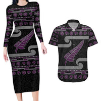 New Zealand Christmas Couples Matching Long Sleeve Bodycon Dress and Hawaiian Shirt Meri Kirihimete Silver Fern Knit Style Purple Color - Polynesian Pride