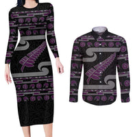 New Zealand Christmas Couples Matching Long Sleeve Bodycon Dress and Long Sleeve Button Shirt Meri Kirihimete Silver Fern Knit Style Purple Color - Polynesian Pride