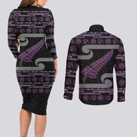 New Zealand Christmas Couples Matching Long Sleeve Bodycon Dress and Long Sleeve Button Shirt Meri Kirihimete Silver Fern Knit Style Purple Color - Polynesian Pride