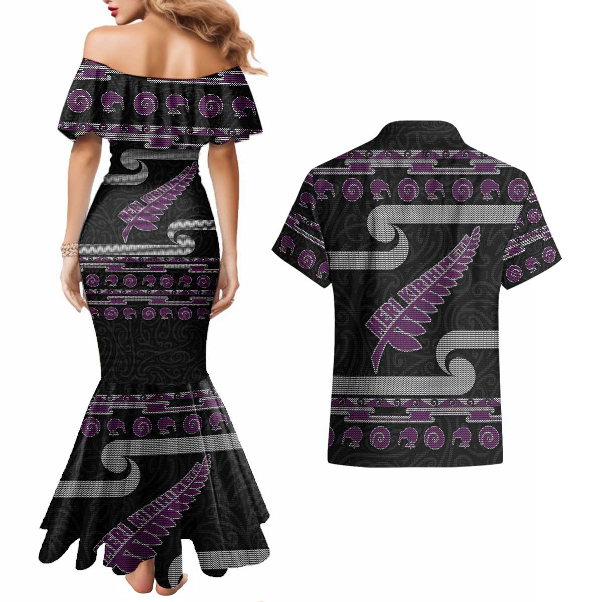 New Zealand Christmas Couples Matching Mermaid Dress and Hawaiian Shirt Meri Kirihimete Silver Fern Knit Style Purple Color - Polynesian Pride