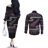 New Zealand Christmas Couples Matching Off The Shoulder Long Sleeve Dress and Long Sleeve Button Shirt Meri Kirihimete Silver Fern Knit Style Purple Color - Polynesian Pride