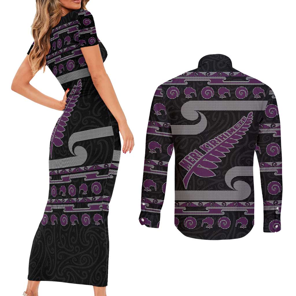 New Zealand Christmas Couples Matching Short Sleeve Bodycon Dress and Long Sleeve Button Shirt Meri Kirihimete Silver Fern Knit Style Purple Color - Polynesian Pride