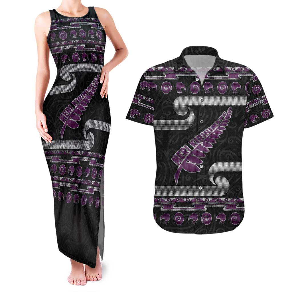 New Zealand Christmas Couples Matching Tank Maxi Dress and Hawaiian Shirt Meri Kirihimete Silver Fern Knit Style Purple Color - Polynesian Pride