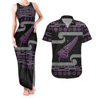 New Zealand Christmas Couples Matching Tank Maxi Dress and Hawaiian Shirt Meri Kirihimete Silver Fern Knit Style Purple Color - Polynesian Pride
