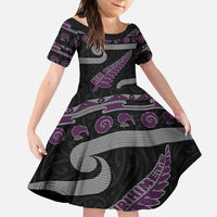New Zealand Christmas Family Matching Long Sleeve Bodycon Dress and Hawaiian Shirt Meri Kirihimete Silver Fern Knit Style Purple Color LT03 Daughter's Dress Purple - Polynesian Pride