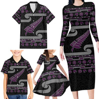 New Zealand Christmas Family Matching Long Sleeve Bodycon Dress and Hawaiian Shirt Meri Kirihimete Silver Fern Knit Style Purple Color LT03 - Polynesian Pride