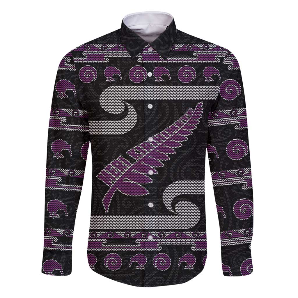New Zealand Christmas Family Matching Long Sleeve Bodycon Dress and Hawaiian Shirt Meri Kirihimete Silver Fern Knit Style Purple Color LT03 Dad's Shirt - Long Sleeve Purple - Polynesian Pride