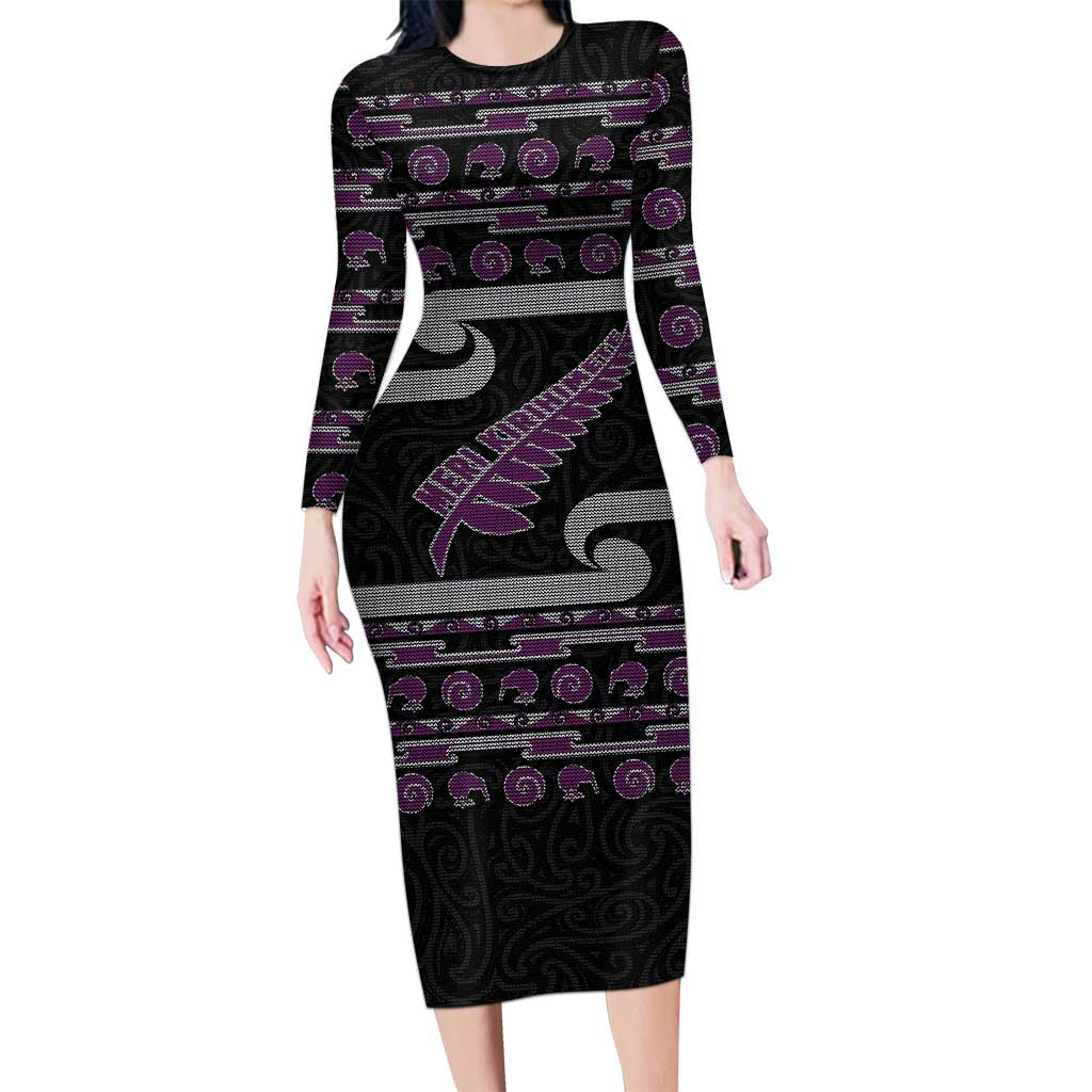 New Zealand Christmas Family Matching Long Sleeve Bodycon Dress and Hawaiian Shirt Meri Kirihimete Silver Fern Knit Style Purple Color LT03 Mom's Dress Purple - Polynesian Pride