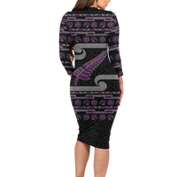 New Zealand Christmas Family Matching Long Sleeve Bodycon Dress and Hawaiian Shirt Meri Kirihimete Silver Fern Knit Style Purple Color LT03 - Polynesian Pride