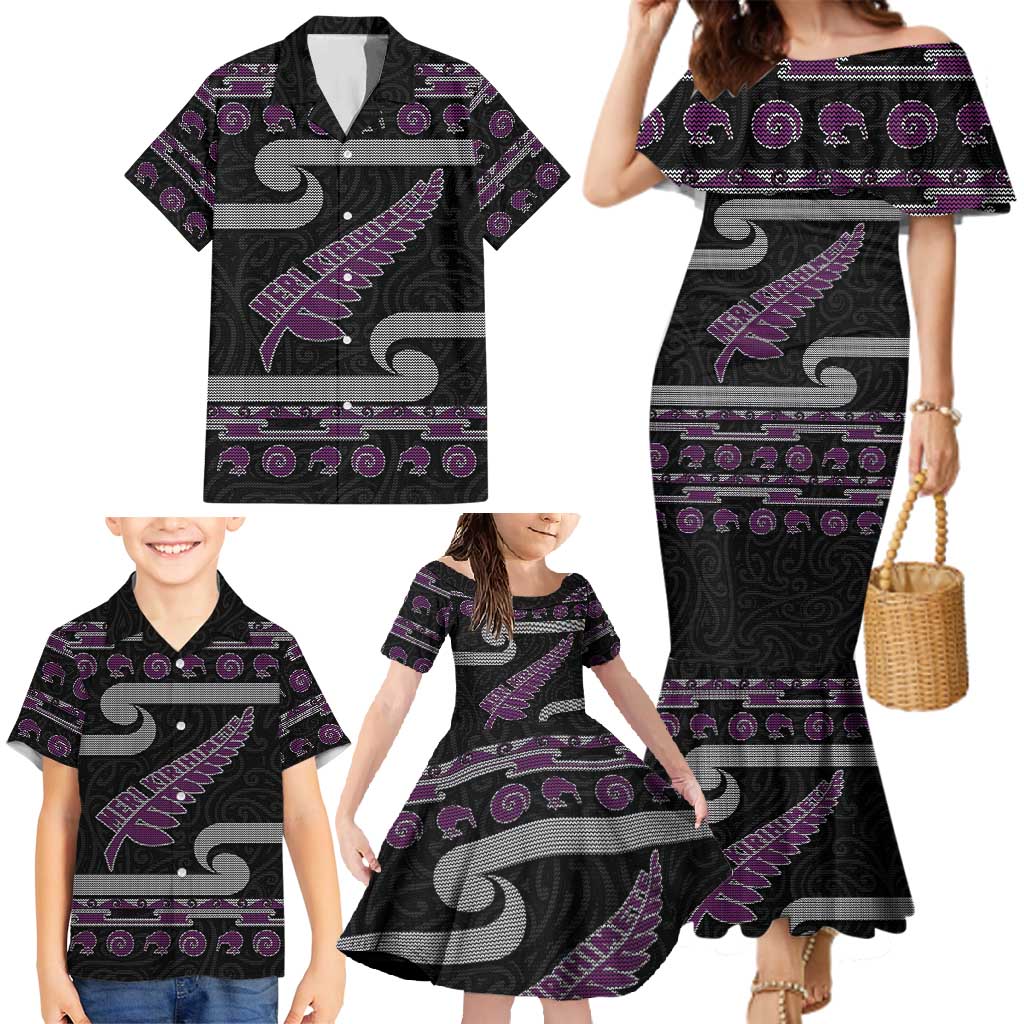 New Zealand Christmas Family Matching Mermaid Dress and Hawaiian Shirt Meri Kirihimete Silver Fern Knit Style Purple Color LT03 - Polynesian Pride