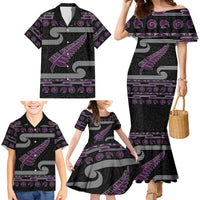New Zealand Christmas Family Matching Mermaid Dress and Hawaiian Shirt Meri Kirihimete Silver Fern Knit Style Purple Color LT03 - Polynesian Pride