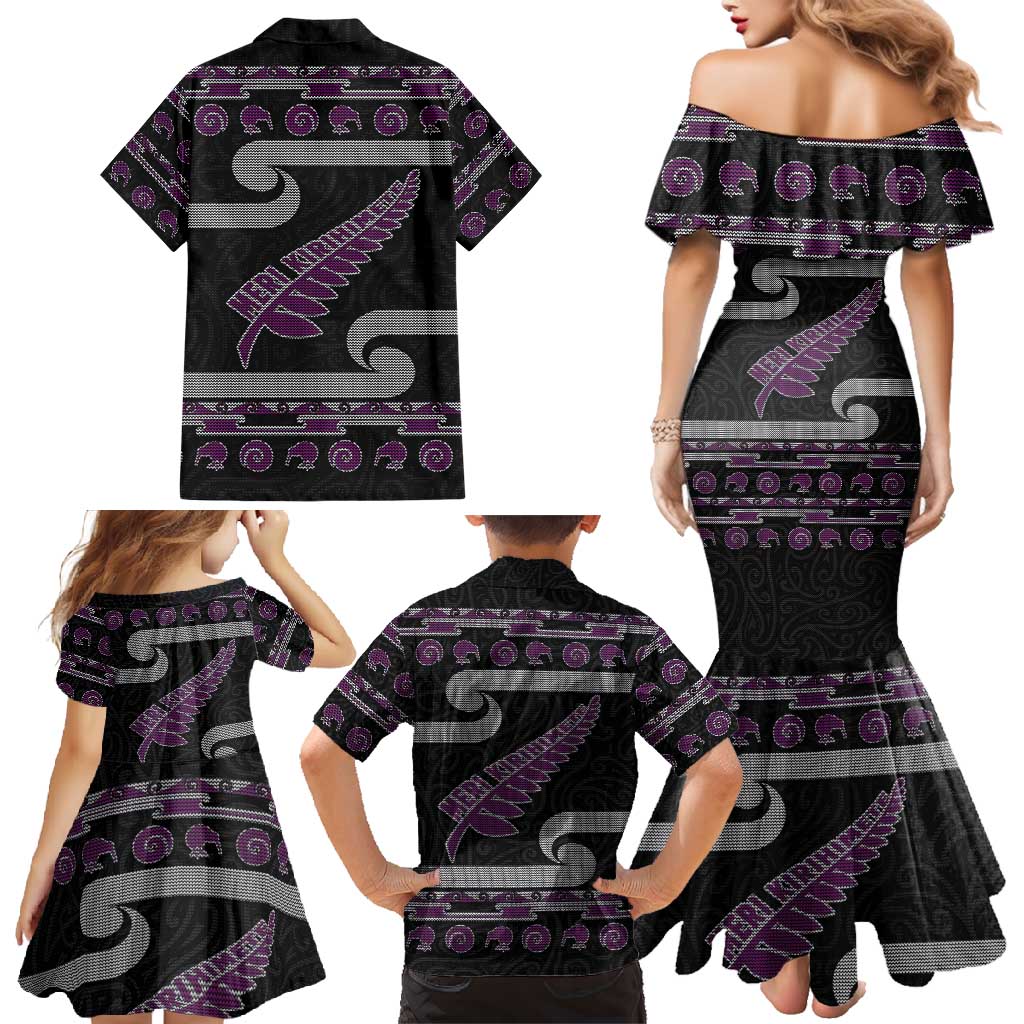 New Zealand Christmas Family Matching Mermaid Dress and Hawaiian Shirt Meri Kirihimete Silver Fern Knit Style Purple Color LT03 - Polynesian Pride