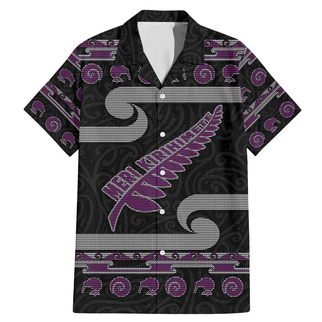New Zealand Christmas Family Matching Mermaid Dress and Hawaiian Shirt Meri Kirihimete Silver Fern Knit Style Purple Color LT03 Dad's Shirt - Short Sleeve Purple - Polynesian Pride