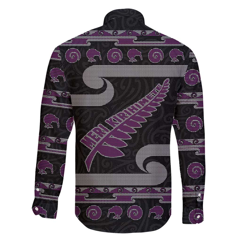 New Zealand Christmas Family Matching Mermaid Dress and Hawaiian Shirt Meri Kirihimete Silver Fern Knit Style Purple Color LT03 - Polynesian Pride