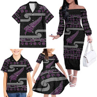 New Zealand Christmas Family Matching Off The Shoulder Long Sleeve Dress and Hawaiian Shirt Meri Kirihimete Silver Fern Knit Style Purple Color - Polynesian Pride