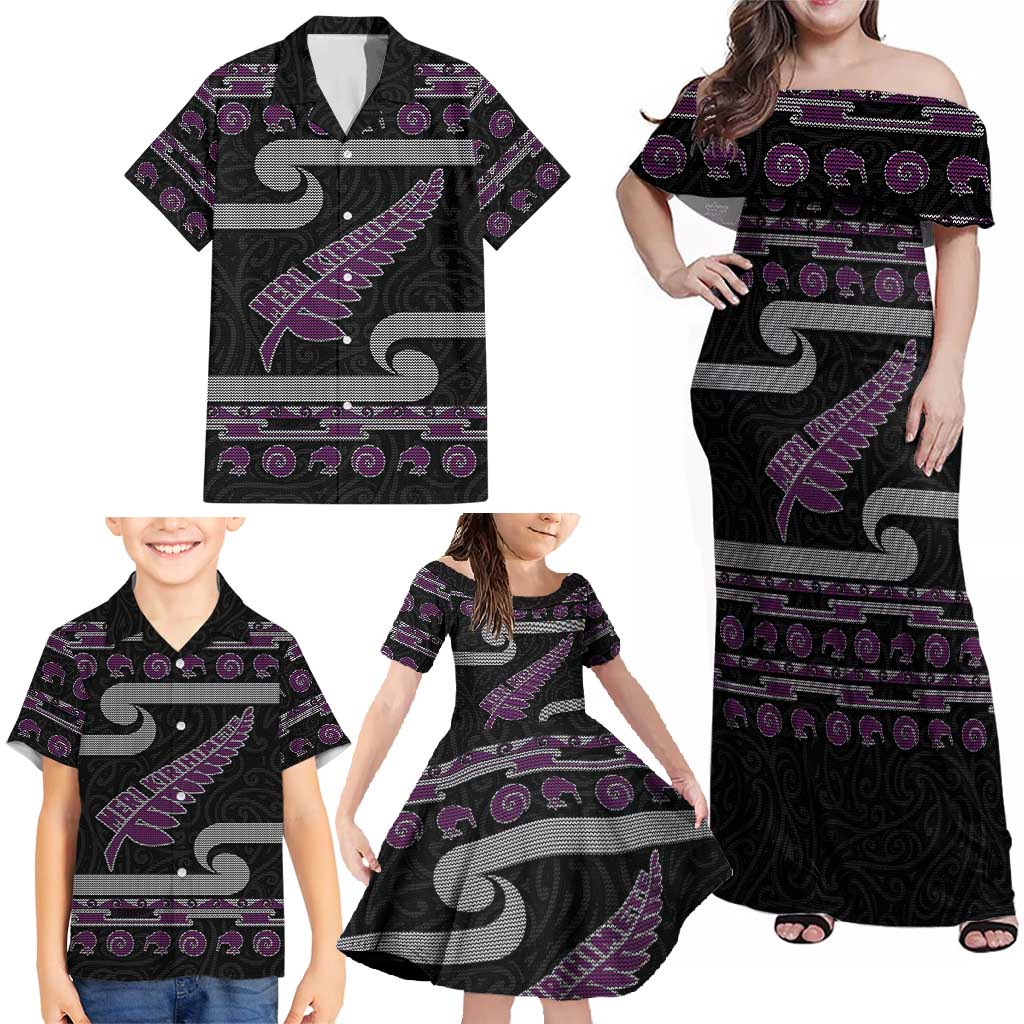 New Zealand Christmas Family Matching Off Shoulder Maxi Dress and Hawaiian Shirt Meri Kirihimete Silver Fern Knit Style Purple Color LT03 - Polynesian Pride