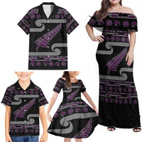 New Zealand Christmas Family Matching Off Shoulder Maxi Dress and Hawaiian Shirt Meri Kirihimete Silver Fern Knit Style Purple Color LT03 - Polynesian Pride