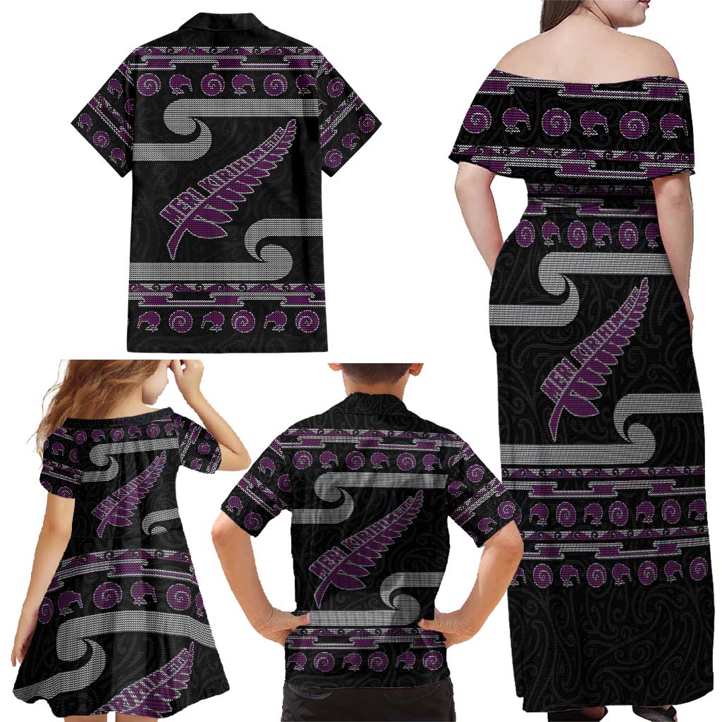 New Zealand Christmas Family Matching Off Shoulder Maxi Dress and Hawaiian Shirt Meri Kirihimete Silver Fern Knit Style Purple Color LT03 - Polynesian Pride