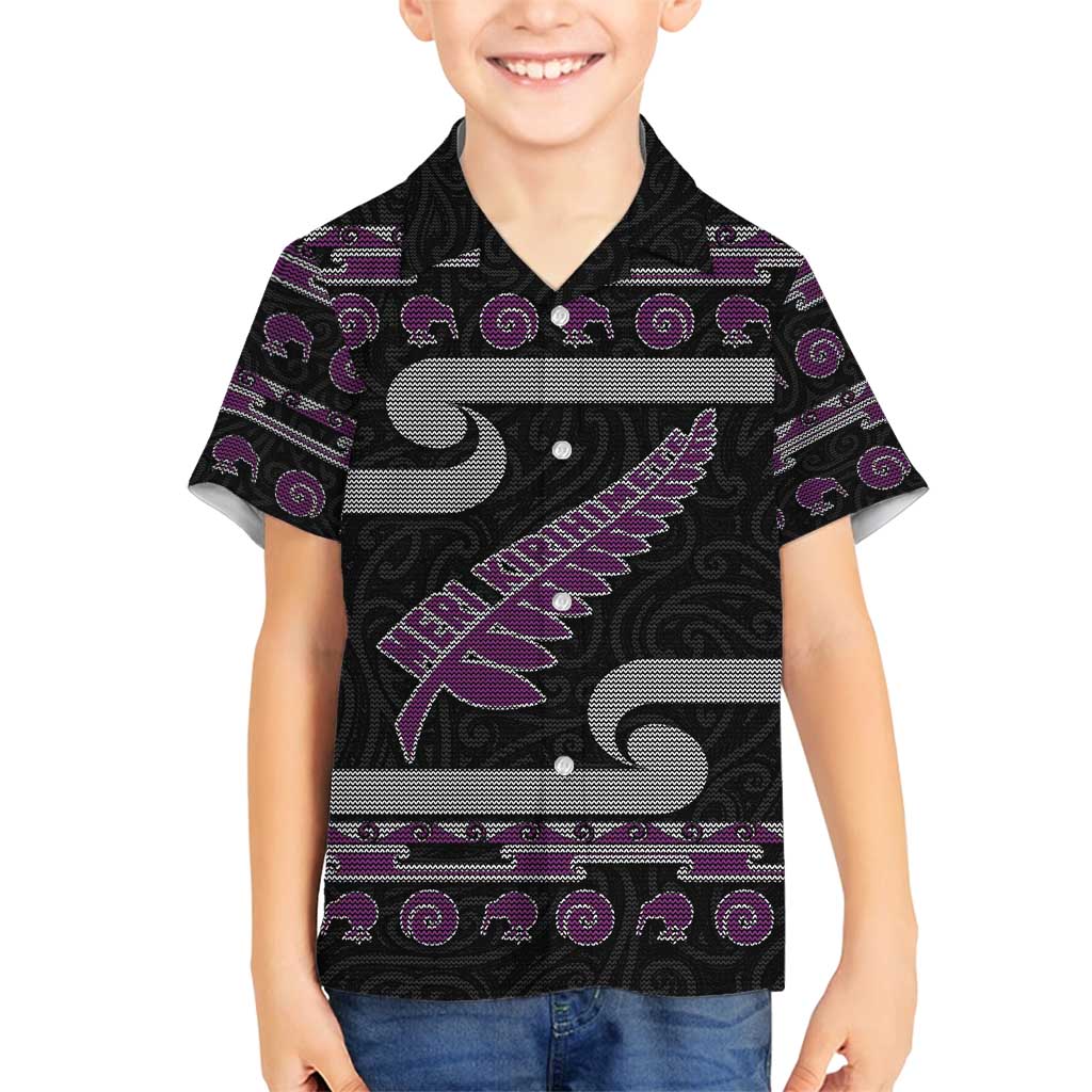 New Zealand Christmas Family Matching Off Shoulder Maxi Dress and Hawaiian Shirt Meri Kirihimete Silver Fern Knit Style Purple Color LT03 Son's Shirt Purple - Polynesian Pride