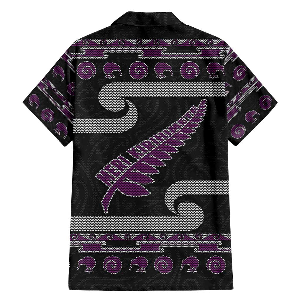 New Zealand Christmas Family Matching Off Shoulder Short Dress and Hawaiian Shirt Meri Kirihimete Silver Fern Knit Style Purple Color LT03 - Polynesian Pride