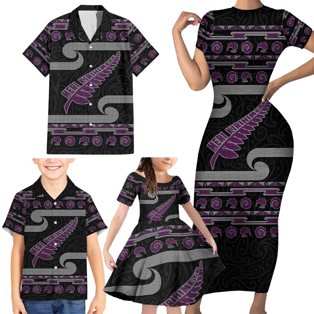 New Zealand Christmas Family Matching Short Sleeve Bodycon Dress and Hawaiian Shirt Meri Kirihimete Silver Fern Knit Style Purple Color LT03 - Polynesian Pride