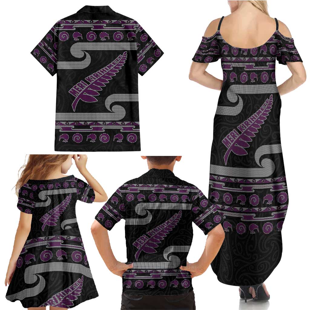 New Zealand Christmas Family Matching Summer Maxi Dress and Hawaiian Shirt Meri Kirihimete Silver Fern Knit Style Purple Color LT03 - Polynesian Pride