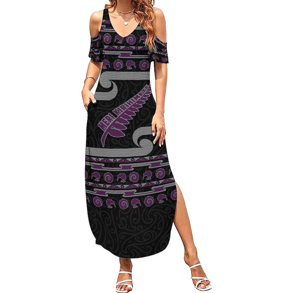 New Zealand Christmas Family Matching Summer Maxi Dress and Hawaiian Shirt Meri Kirihimete Silver Fern Knit Style Purple Color LT03 Mom's Dress Purple - Polynesian Pride
