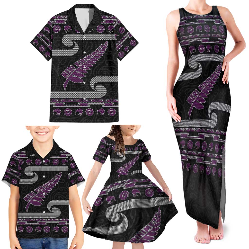 New Zealand Christmas Family Matching Tank Maxi Dress and Hawaiian Shirt Meri Kirihimete Silver Fern Knit Style Purple Color LT03 - Polynesian Pride