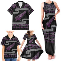 New Zealand Christmas Family Matching Tank Maxi Dress and Hawaiian Shirt Meri Kirihimete Silver Fern Knit Style Purple Color LT03 - Polynesian Pride