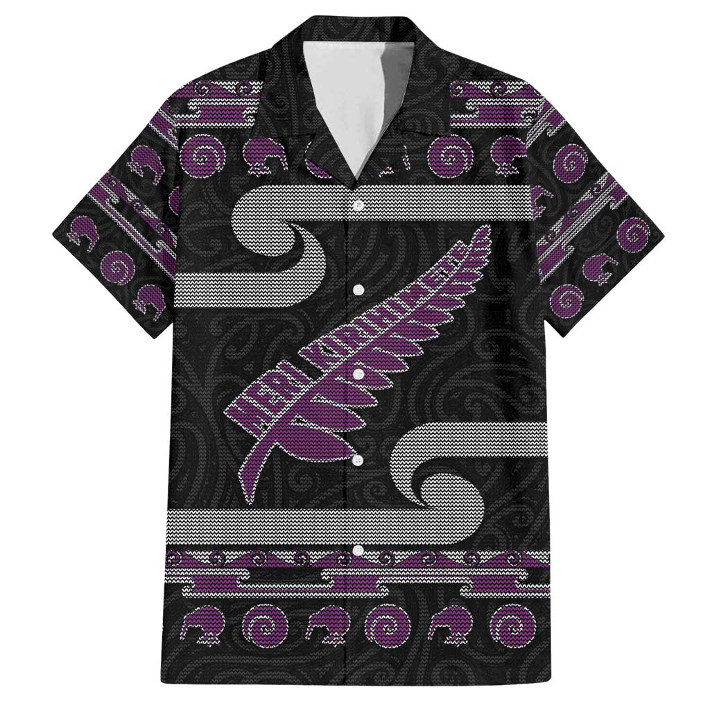 New Zealand Christmas Family Matching Tank Maxi Dress and Hawaiian Shirt Meri Kirihimete Silver Fern Knit Style Purple Color LT03 Dad's Shirt - Short Sleeve Purple - Polynesian Pride