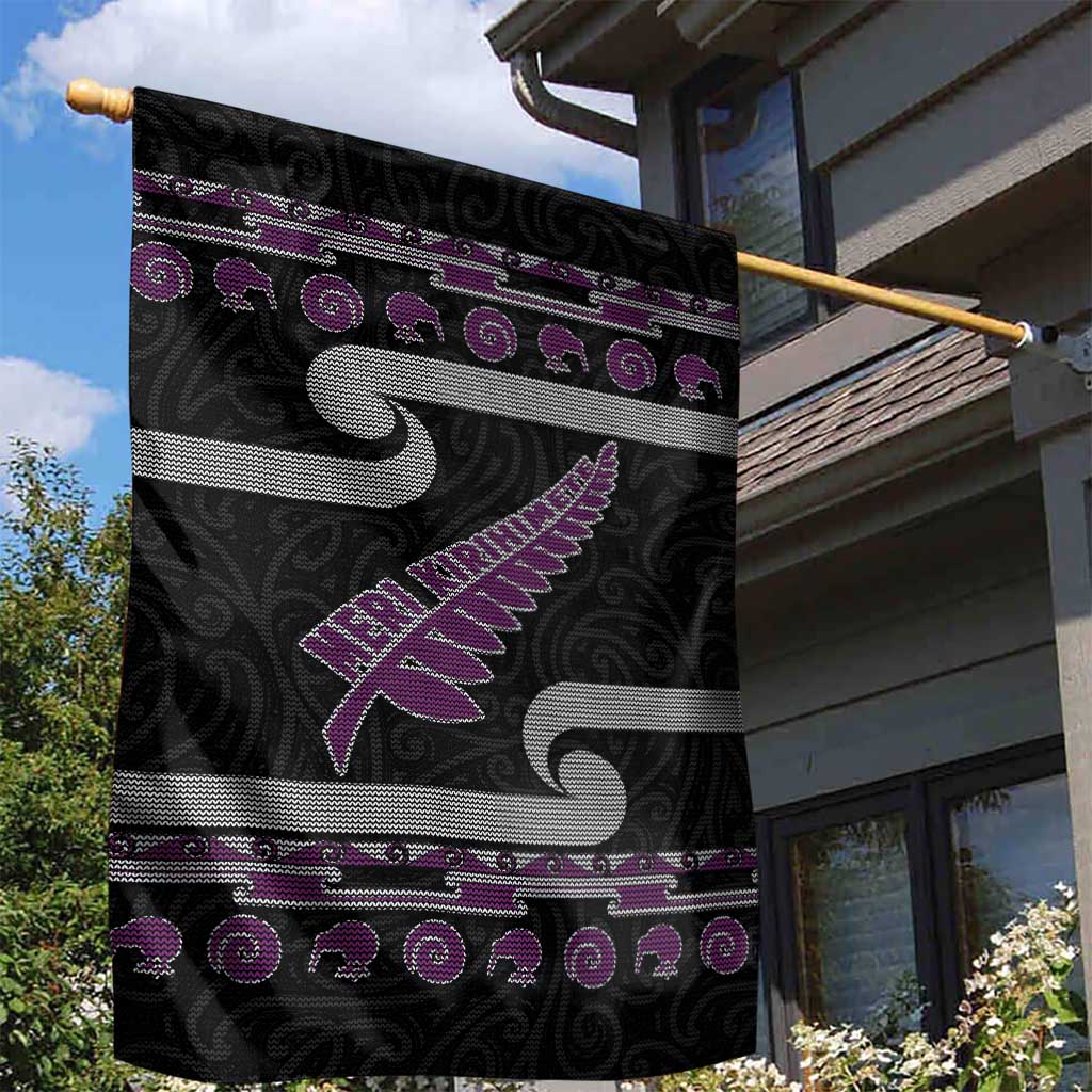 New Zealand Christmas Garden Flag Meri Kirihimete Silver Fern Knit Style Purple Color LT03 - Polynesian Pride