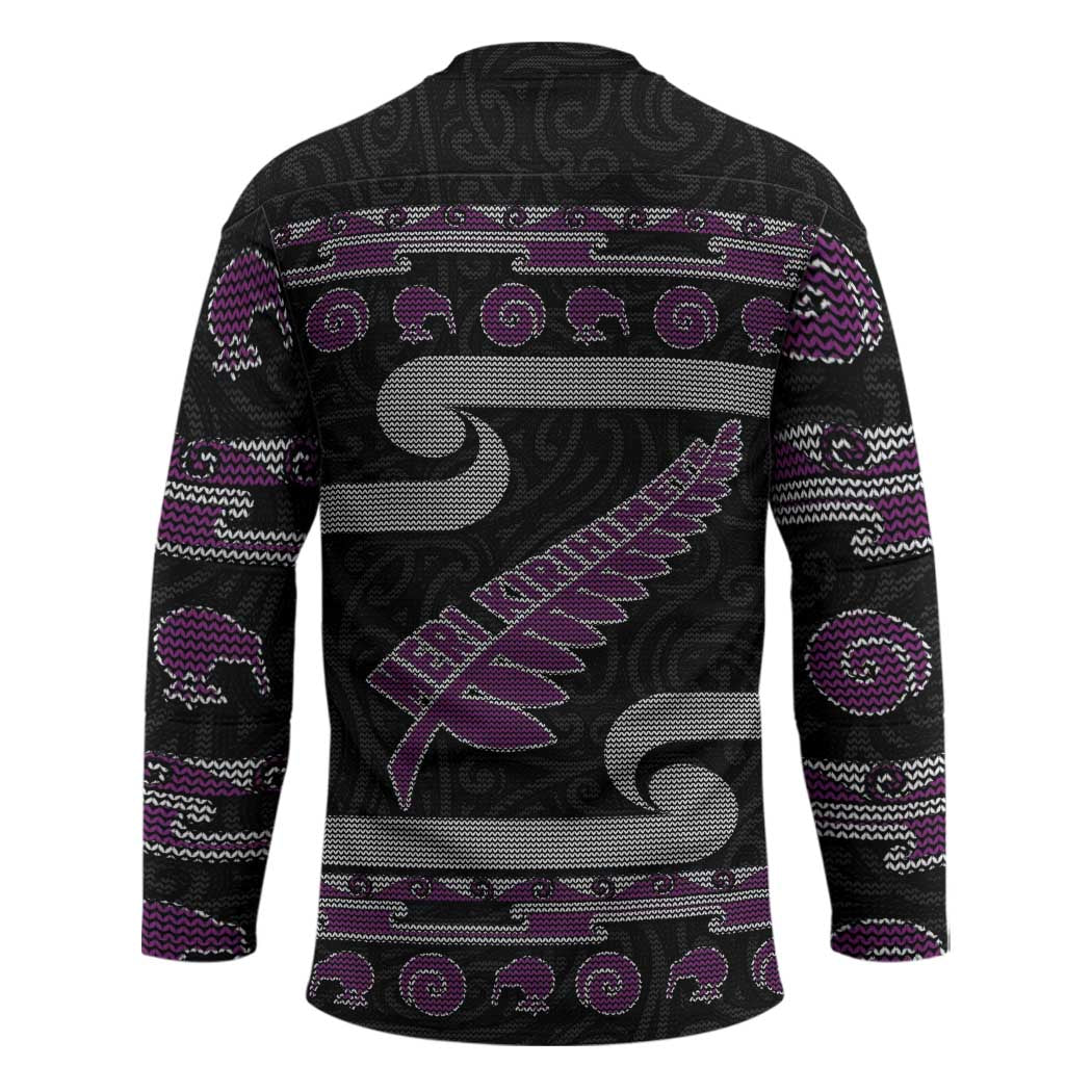 New Zealand Christmas Hockey Jersey Meri Kirihimete Silver Fern Knit Style Purple Color LT03 - Polynesian Pride