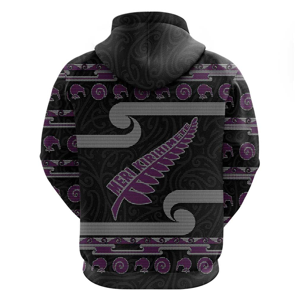 New Zealand Christmas Hoodie Meri Kirihimete Silver Fern Knit Style Purple Color LT03 - Polynesian Pride