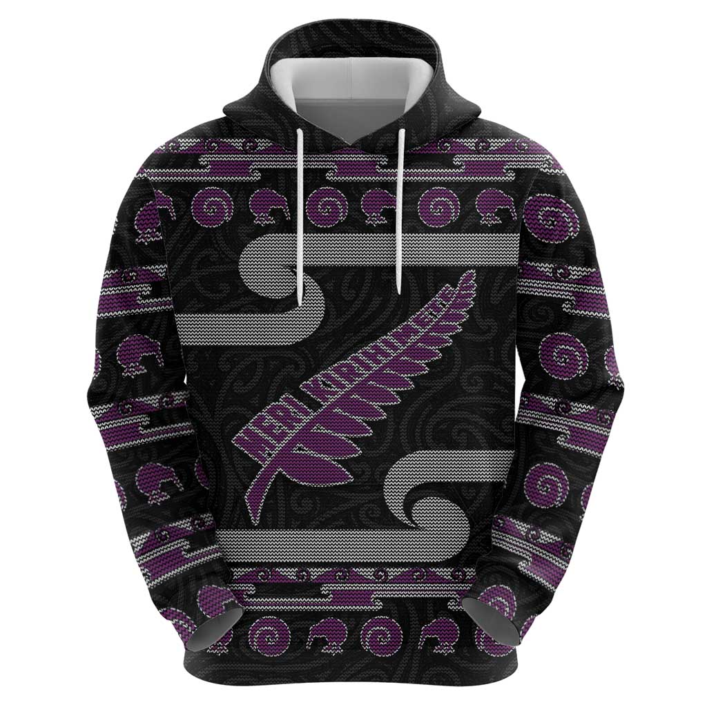 New Zealand Christmas Hoodie Meri Kirihimete Silver Fern Knit Style Purple Color LT03 - Polynesian Pride