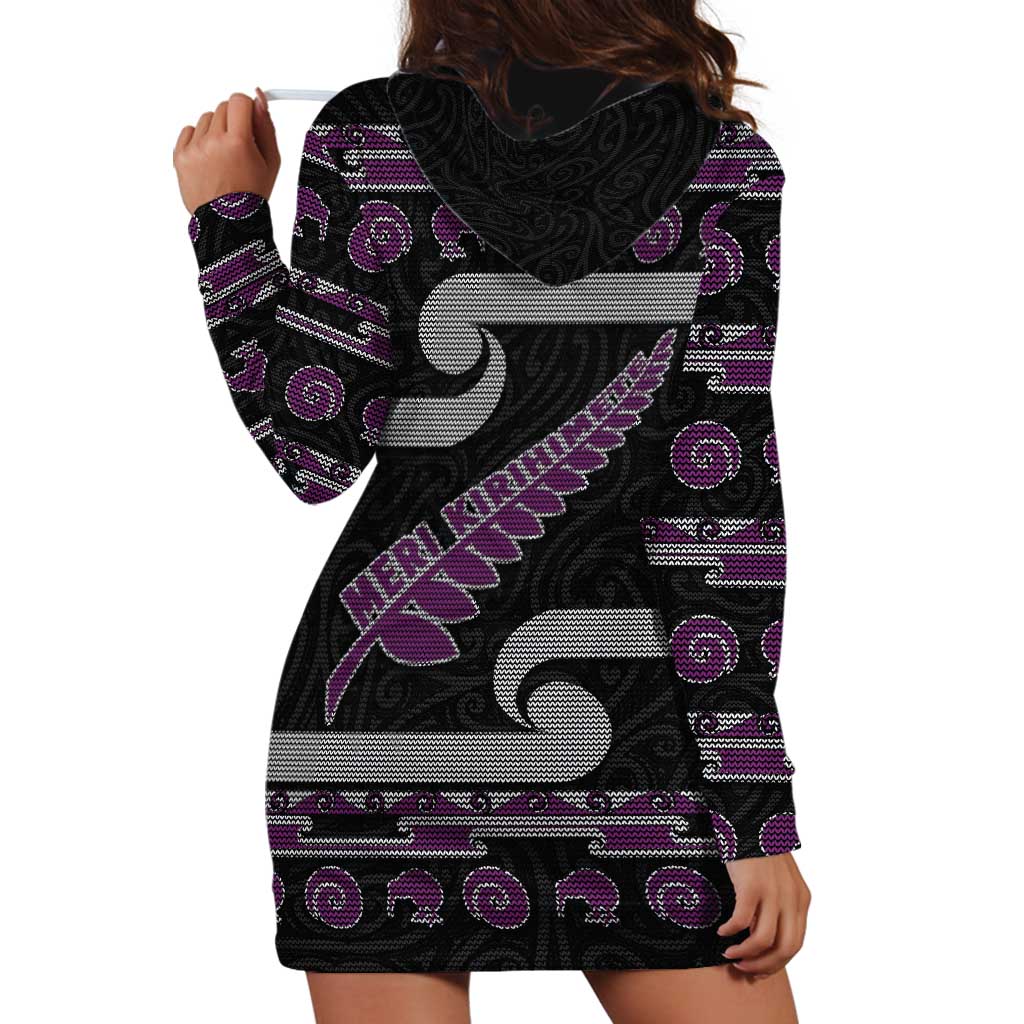 New Zealand Christmas Hoodie Dress Meri Kirihimete Silver Fern Knit Style Purple Color LT03 - Polynesian Pride