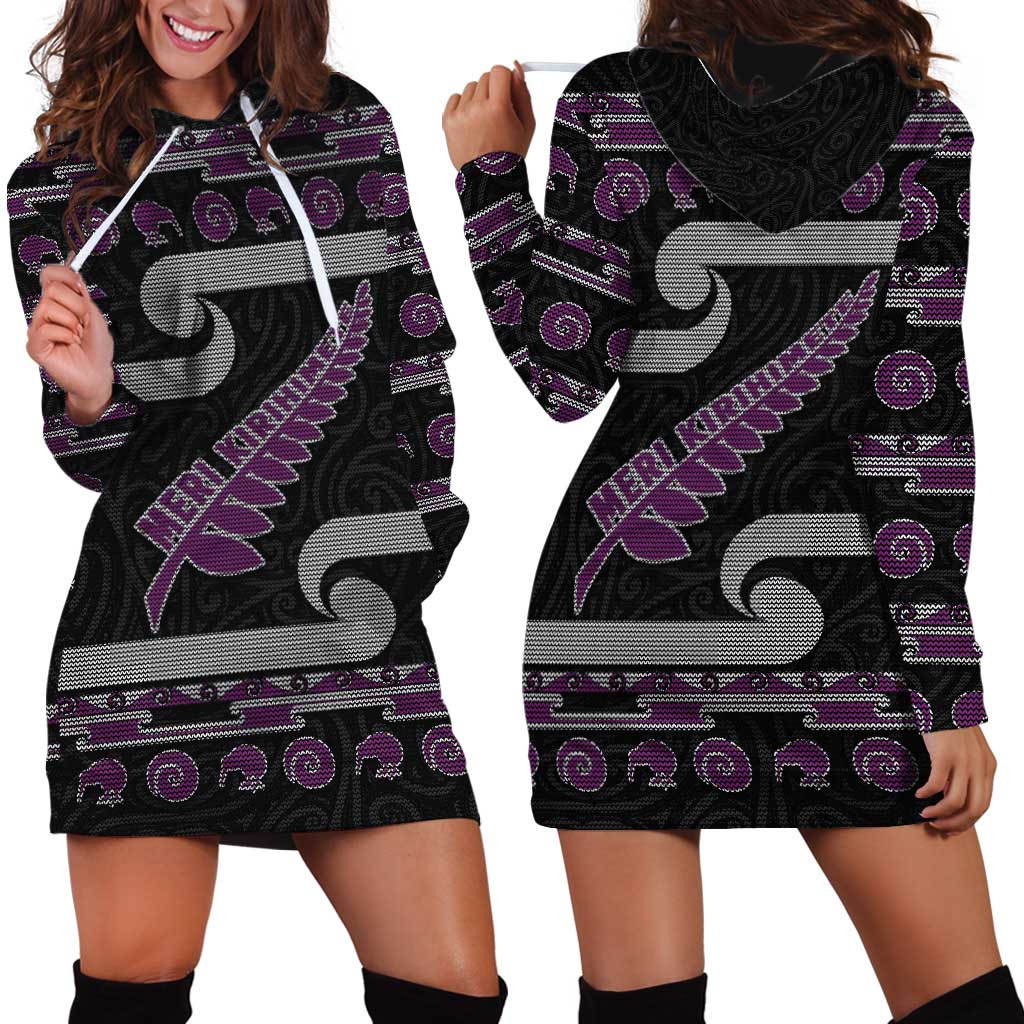 New Zealand Christmas Hoodie Dress Meri Kirihimete Silver Fern Knit Style Purple Color LT03 - Polynesian Pride