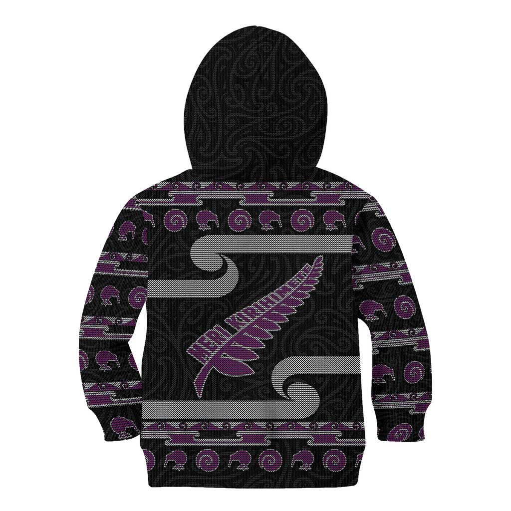 New Zealand Christmas Kid Hoodie Meri Kirihimete Silver Fern Knit Style Purple Color LT03 - Polynesian Pride