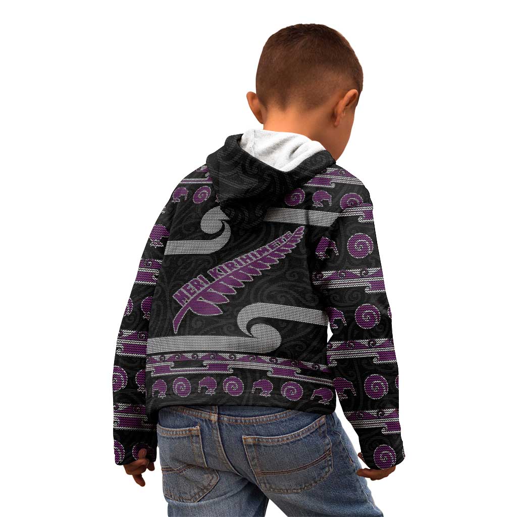 New Zealand Christmas Kid Hoodie Meri Kirihimete Silver Fern Knit Style Purple Color LT03 - Polynesian Pride