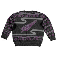 New Zealand Christmas Kid Ugly Christmas Sweater Meri Kirihimete Silver Fern Knit Style Purple Color LT03 - Polynesian Pride