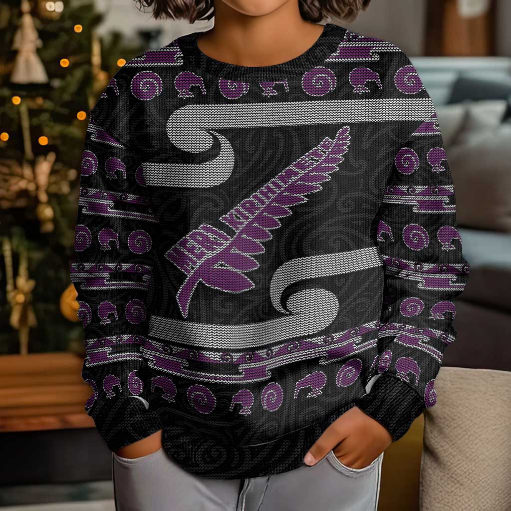 New Zealand Christmas Kid Ugly Christmas Sweater Meri Kirihimete Silver Fern Knit Style Purple Color LT03 - Polynesian Pride