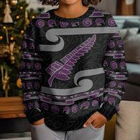 New Zealand Christmas Kid Ugly Christmas Sweater Meri Kirihimete Silver Fern Knit Style Purple Color LT03 - Polynesian Pride